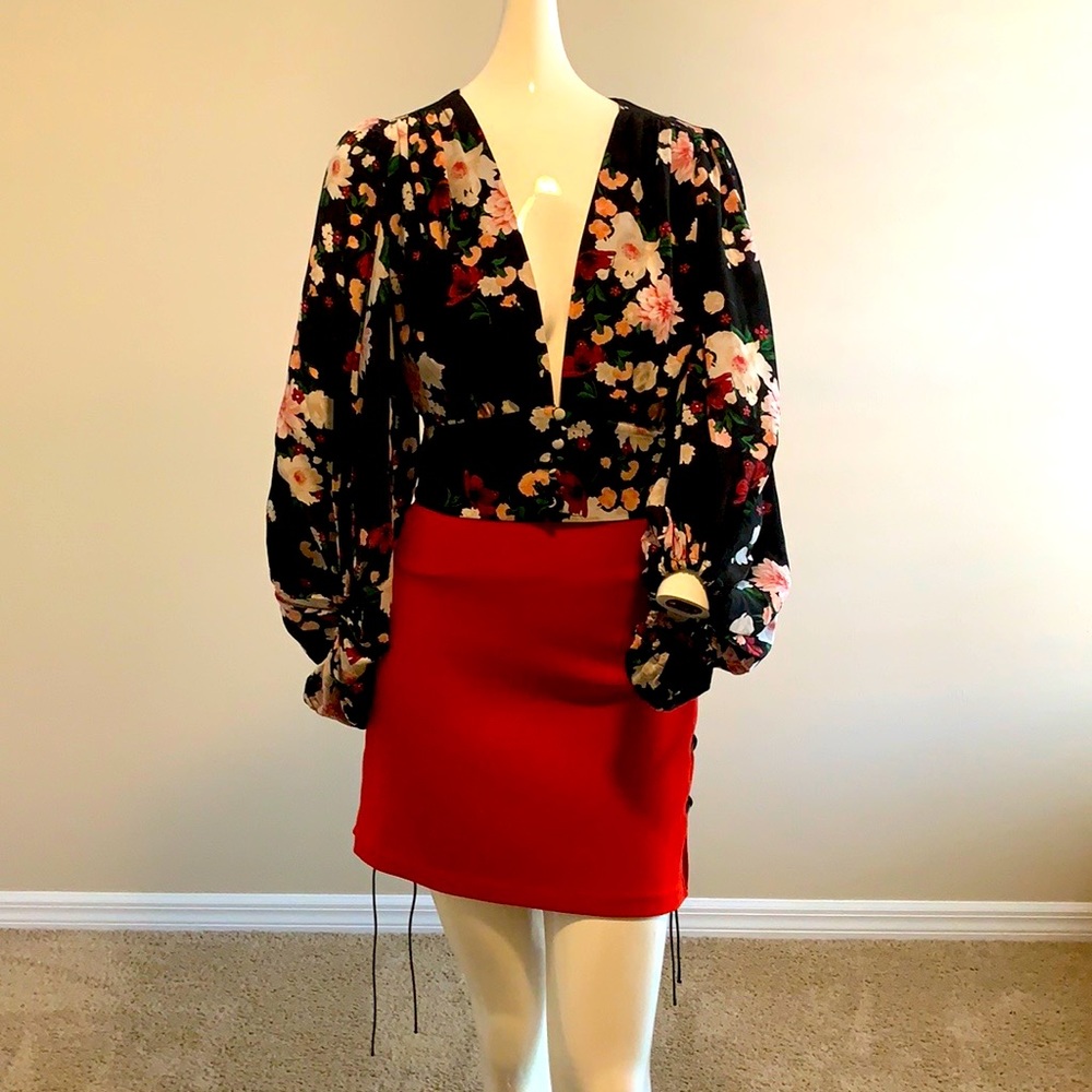Michael Kors Collection NWT Red Wool Leather Lace Up Side Skirt 6 $895